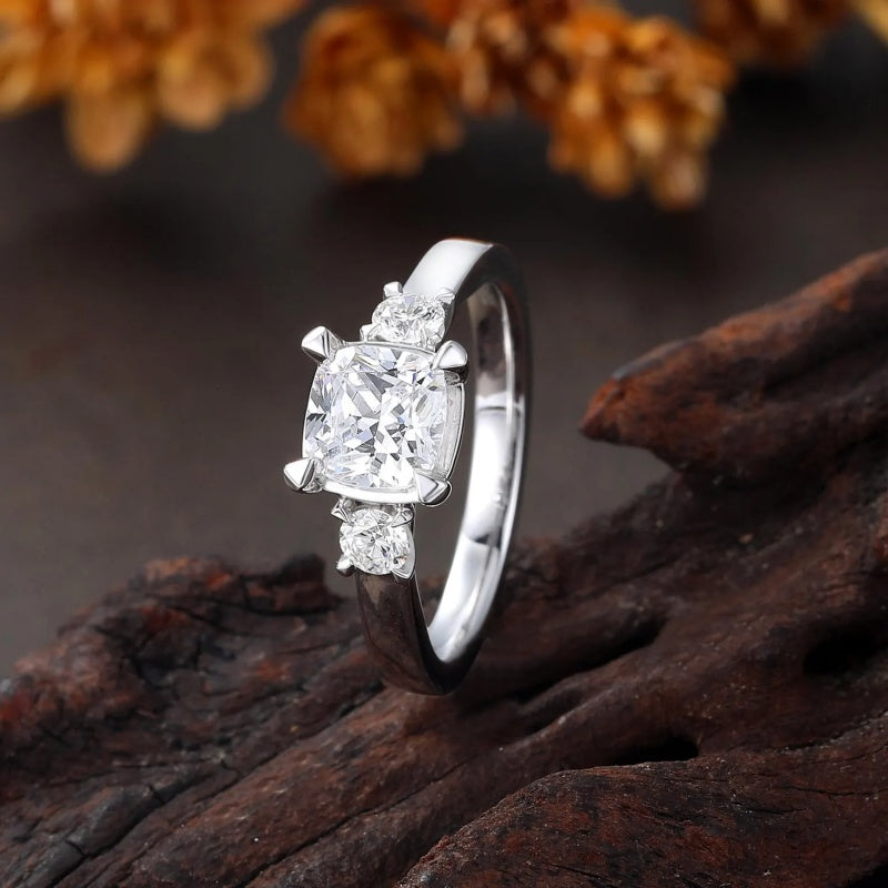 14K Gold Lab Grown Diamond CVD 2.5CT Cushion-Cut Unique Three Stone Anniversary Ring