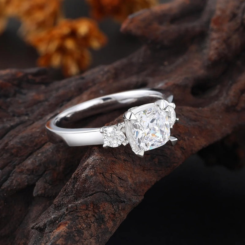 14K Gold Lab Grown Diamond CVD 2.5CT Cushion-Cut Unique Three Stone Anniversary Ring