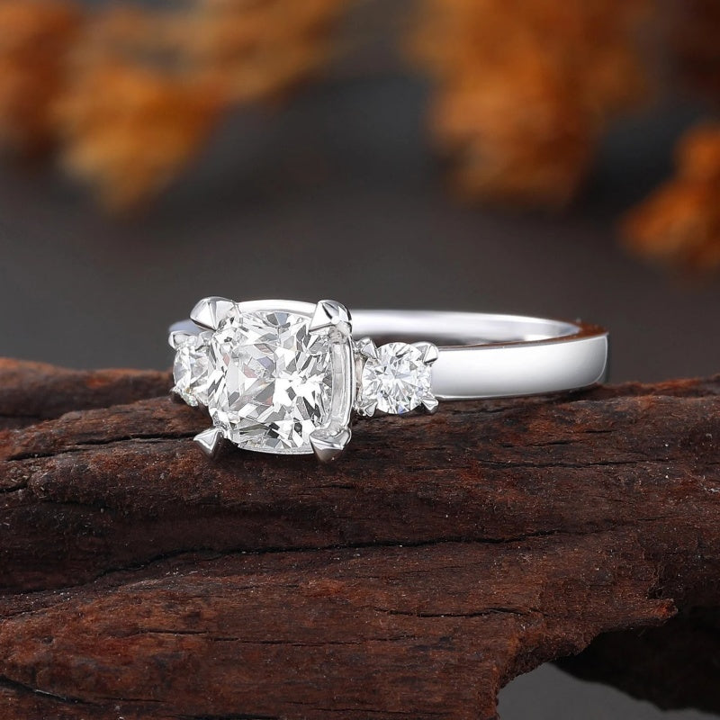 14K Gold Lab Grown Diamond CVD 2.5CT Cushion-Cut Unique Three Stone Anniversary Ring