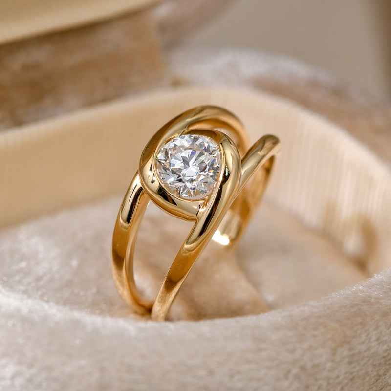 10K Gold Lab Grown Diamond CVD 1CT Round-Cut Bezel-Inspired Setting Open Double-Band Anniversary Gift