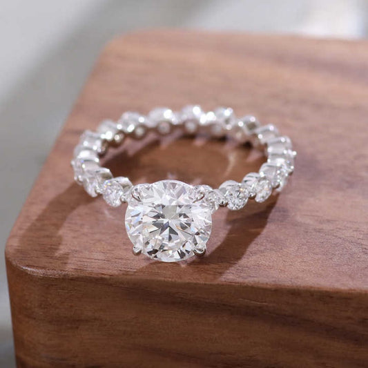 10K Gold Lab Grown Diamond CVD 2CT Round-Cut Full Round Accent Pave Bridal Ring