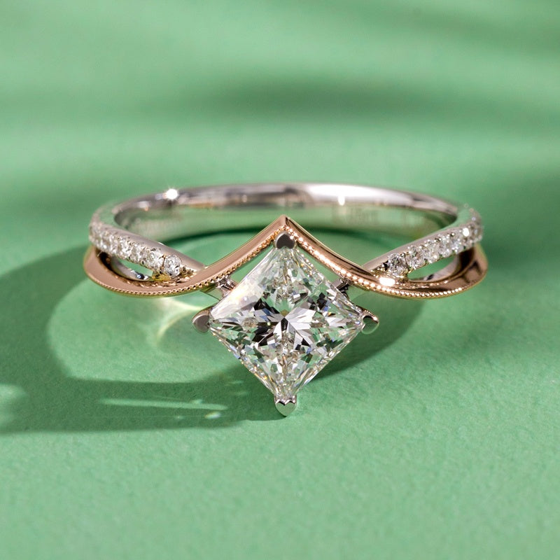 14K Gold Lab Grown Diamond 2CT Princess-Cut Cross Twist Two Tone Engagement Ring