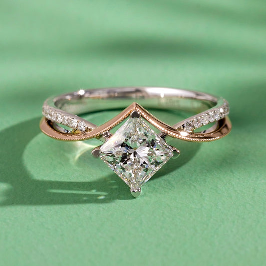 14K Gold Lab Grown Diamond 2CT Princess-Cut Cross Twist Two Tone Engagement Ring