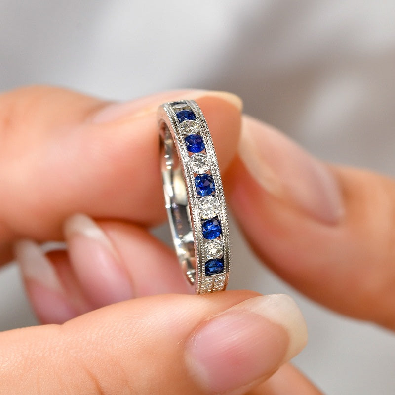 14K Gold Lab Grown Diamond CVD 0.5CT Round-Cut Sapphire and CVD Alternating Milgrain Ring