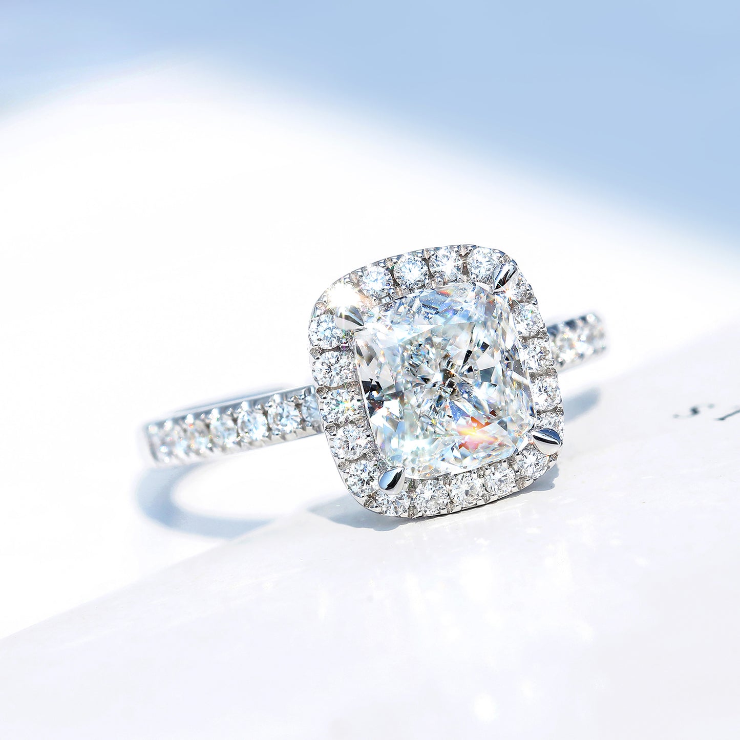 10K Gold Lab Grown Diamond CVD 1CT Cushion-Cut Halo Pave Engagement Ring