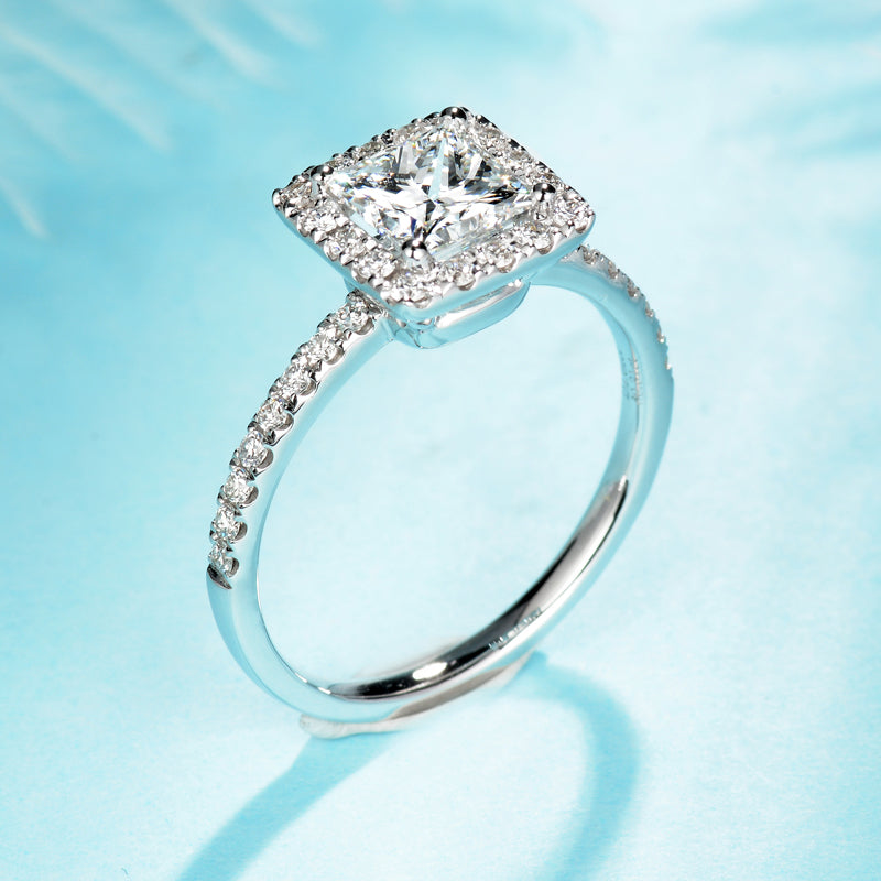 10K Gold Lab Grown Diamond CVD 2CT Princess-Cut Halo Pave Engagement Ring