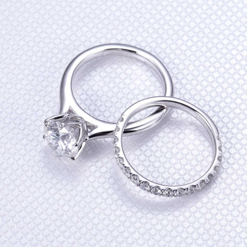 10K Gold Lab Grown Diamond CVD 2CT Round-Cut Eternity Band Engagement Ring Set