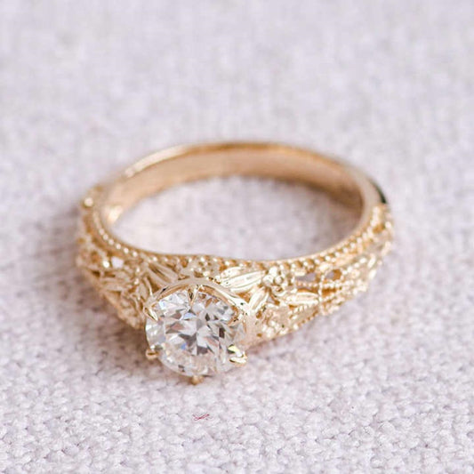 14K Gold Lab Grown Diamond CVD 1CT Round-Cut Vintage Royal Style Engagement Ring