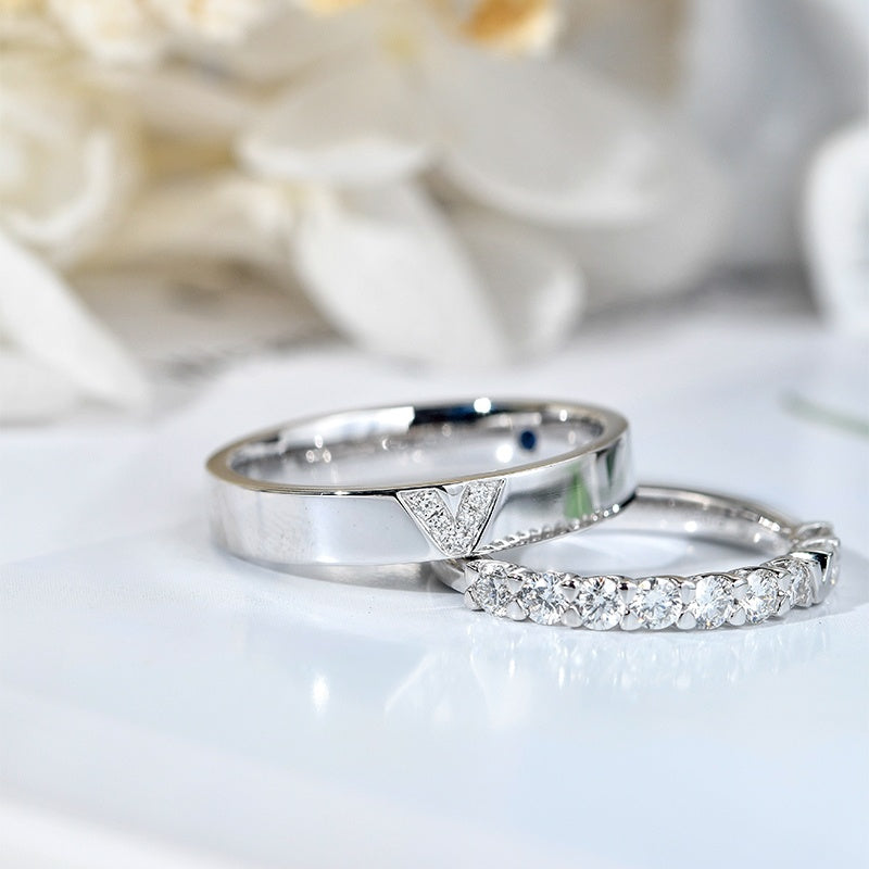 14K Gold Lab Grown Diamond CVD 0.5CT Round-Cut V-Shaped Couple Rings For Anniversary