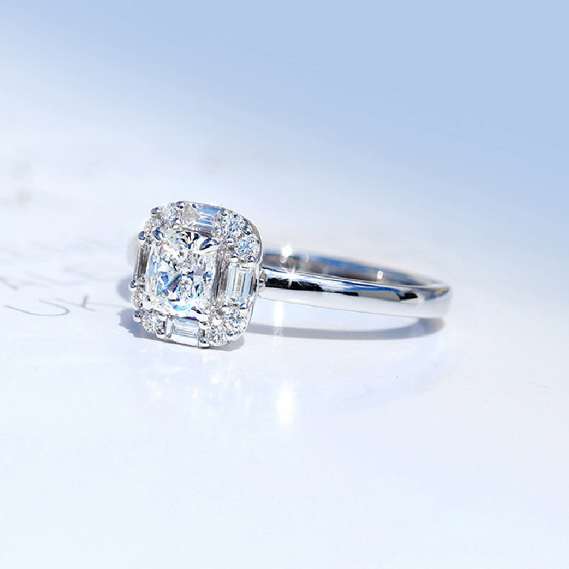 10K Gold Lab Grown Diamond CVD 1CT Cushion-Cut Halo Baguette Diamond Accents Engagement Ring