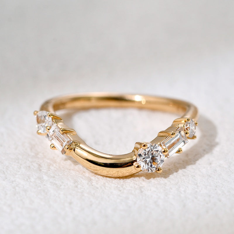 14K Gold Lab Grown Diamond CVD Elegant V-shaped Curved Round and Baguette-Cut Anniversary Ring