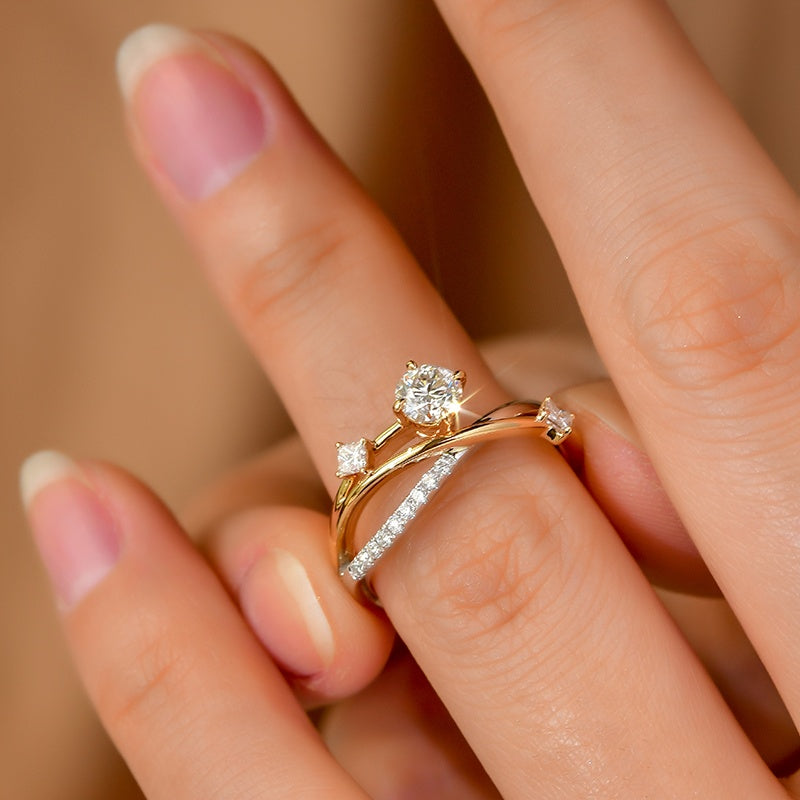 14K Gold Lab Grown Diamond CVD 1CT Round-Cut Elegant Two-Tone Bypass Design Engagement Ring