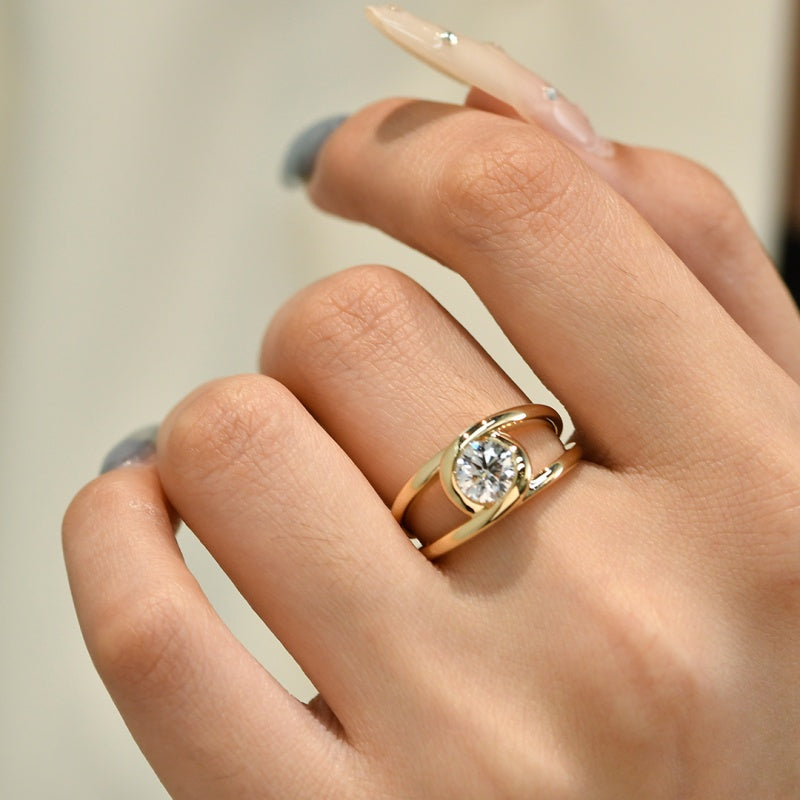 10K Gold Lab Grown Diamond CVD 1CT Round-Cut Bezel-Inspired Setting Open Double-Band Anniversary Gift