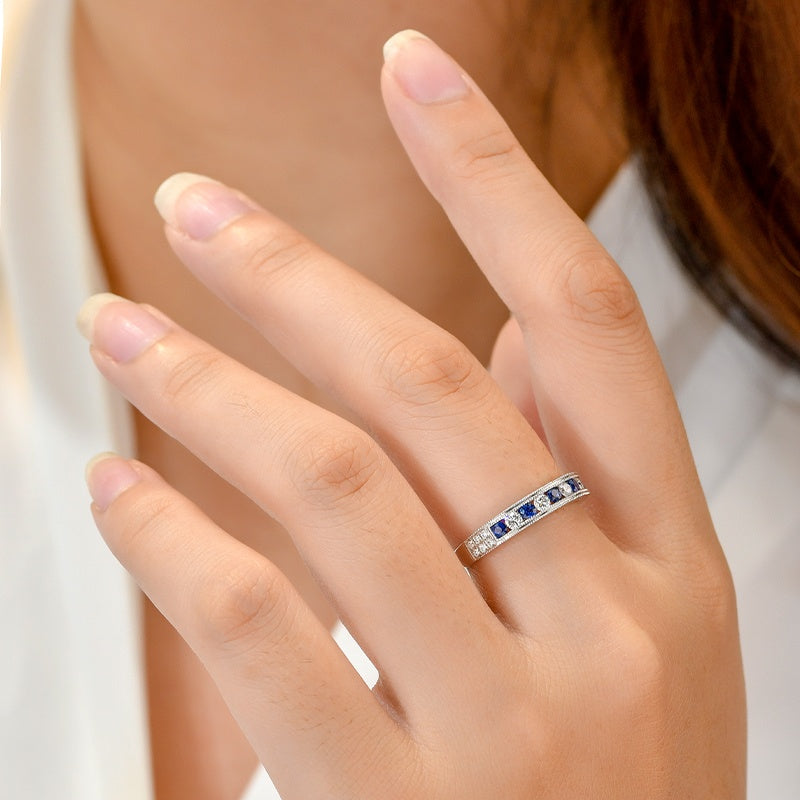 14K Gold Lab Grown Diamond CVD 0.5CT Round-Cut Sapphire and CVD Alternating Milgrain Ring