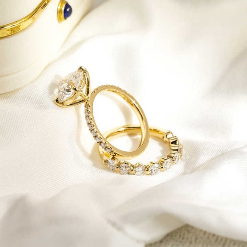 10K Gold Lab Grown Diamond CVD 1CT Round-Cut with Accent Stone Half Eternity Wedding Band Set