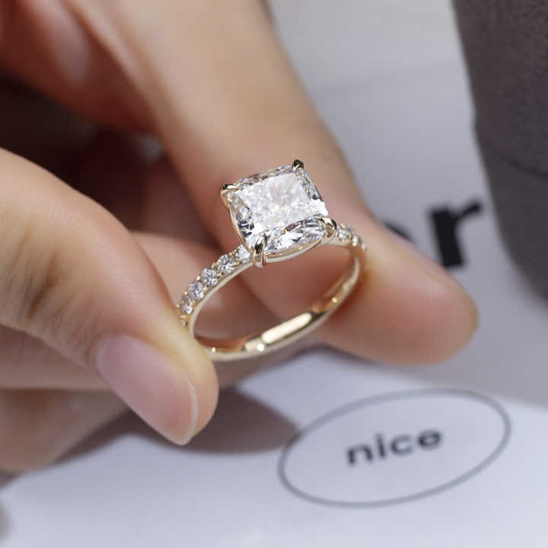 14K Gold Lab Grown Diamond CVD 2CT Cushion-Cut Full Etrenity Engagement Ring