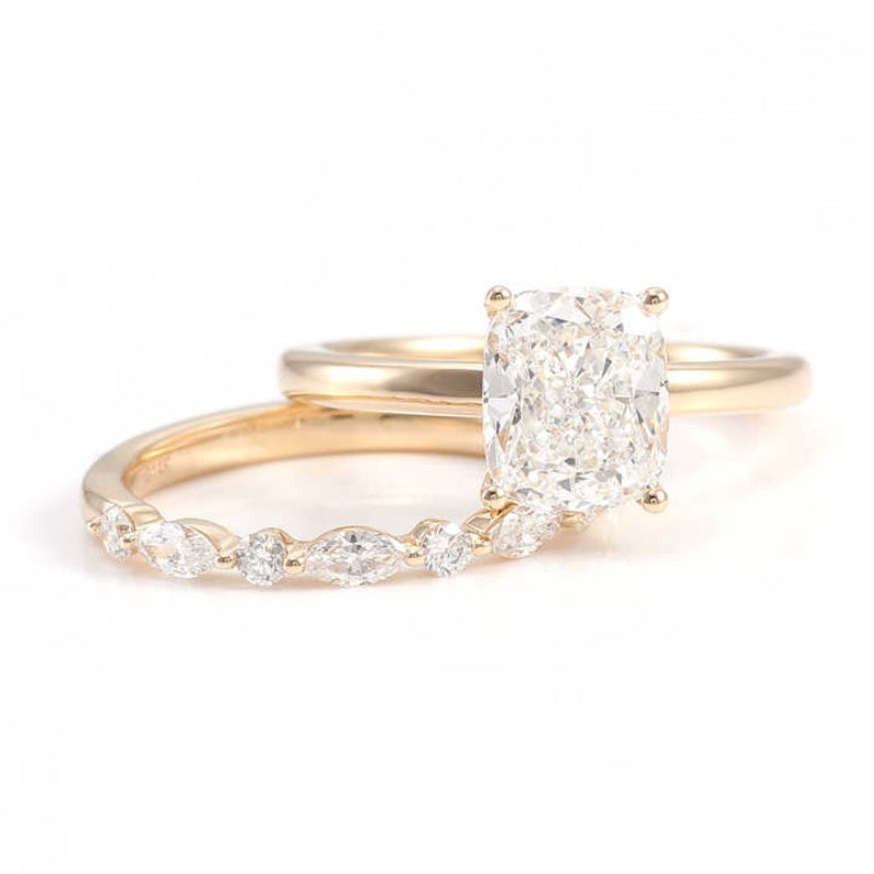 10K Gold Lab Grown Diamond CVD 1.5CT Elongated Cushion-Cut Engagement Ring Set