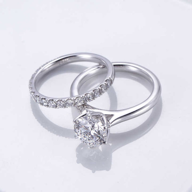 10K Gold Lab Grown Diamond CVD 2CT Round-Cut Eternity Band Engagement Ring Set