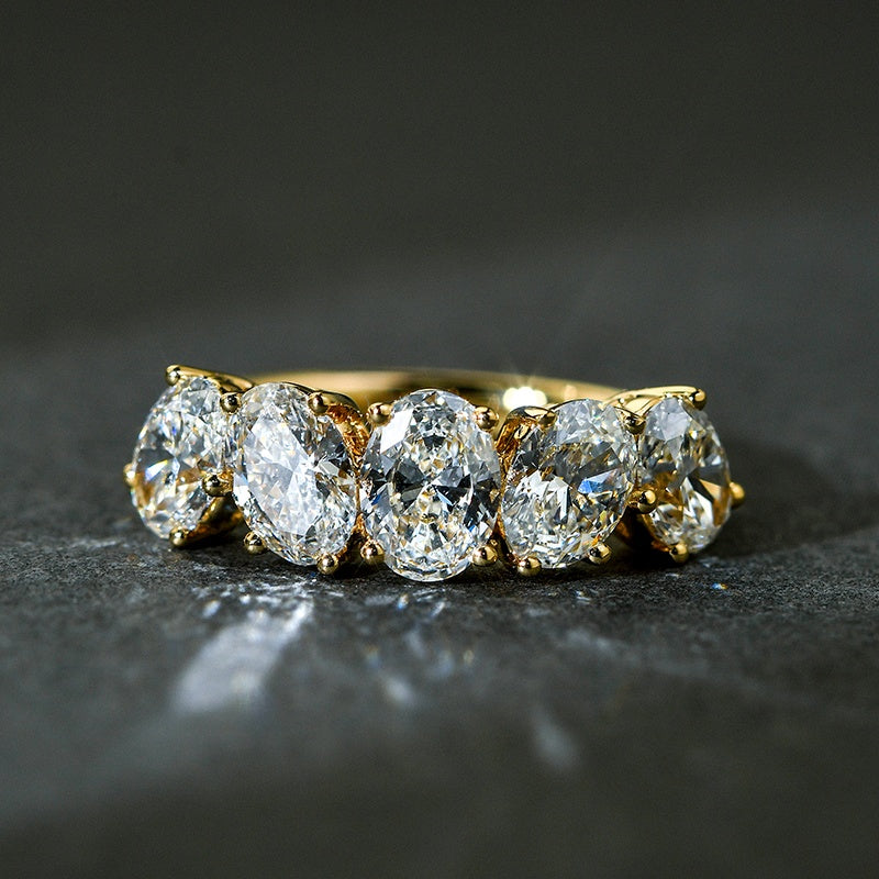 18k Gold Lab Grown Diamond CVD 5 Oval Stones Irregular Sorting Ring