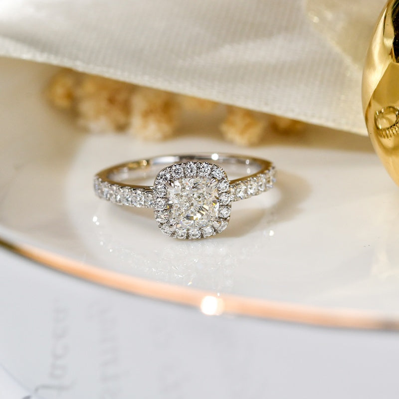 14K Gold Lab Grown Diamond CVD 1CT Cushion-Cut Halo Pave Engagement Ring