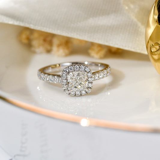 14K Gold Lab Grown Diamond CVD 1CT Cushion-Cut Halo Pave Engagement Ring