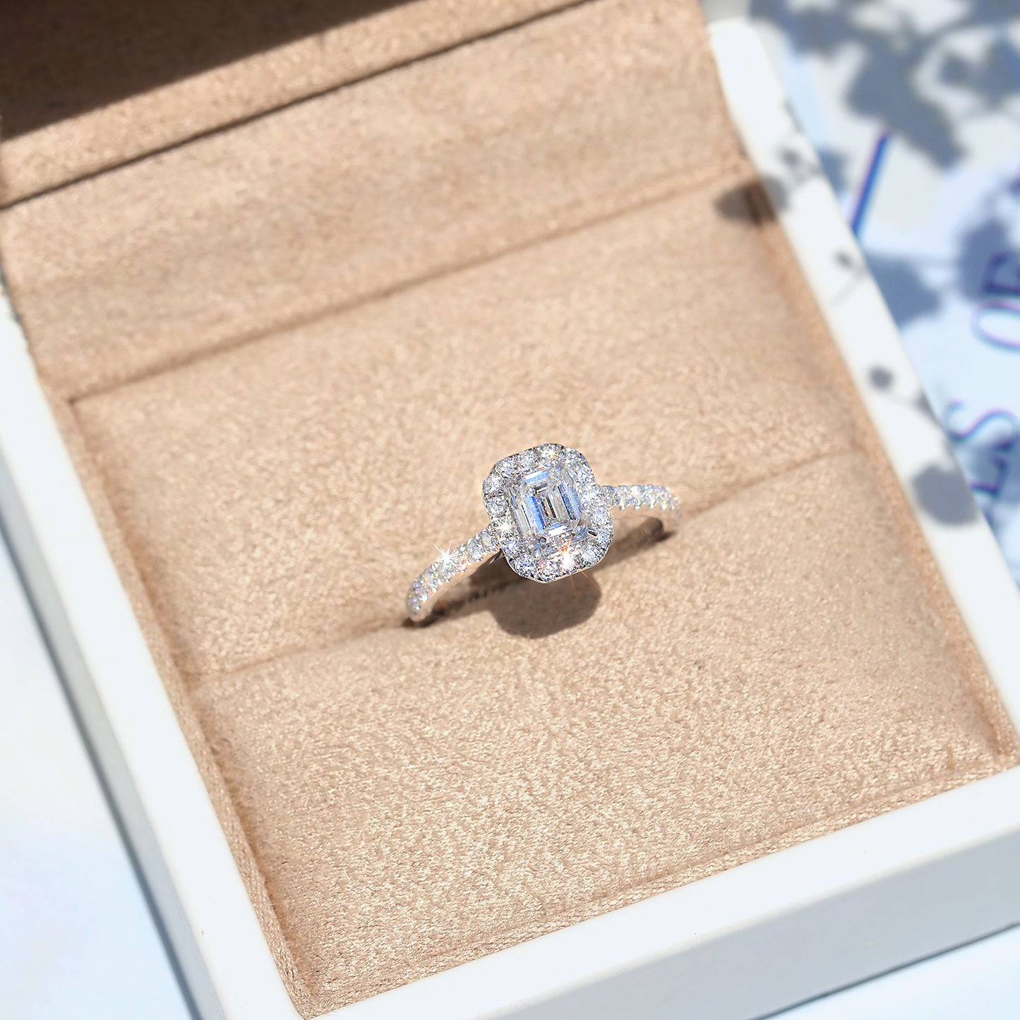 10K Gold Lab Grown Diamond CVD 1CT Emerald-Cut Halo Pave Engagement Ring