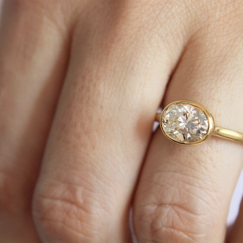 18K Gold Lab Grown Diamond CVD 2CT Oval-Cut Bezel Setting Anniversary Ring
