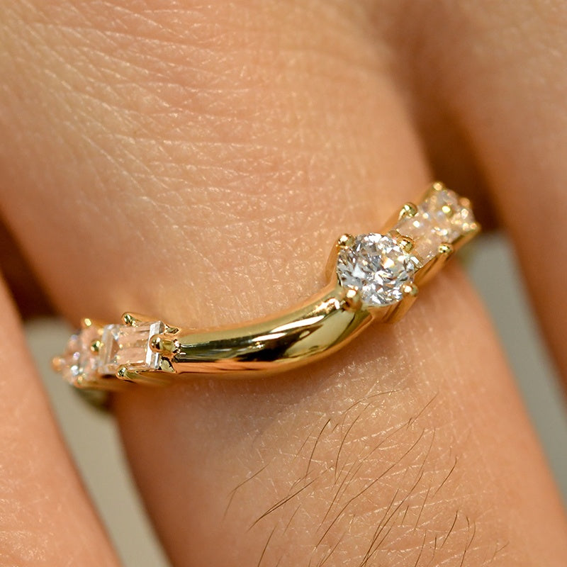 14K Gold Lab Grown Diamond CVD Elegant V-shaped Curved Round and Baguette-Cut Anniversary Ring