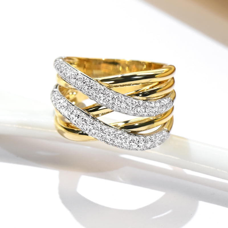 10K Gold Lab Grown Diamond CVD 0.8CT Round-Cut Two Tone Multi-Row Crossover Wide Statement Band