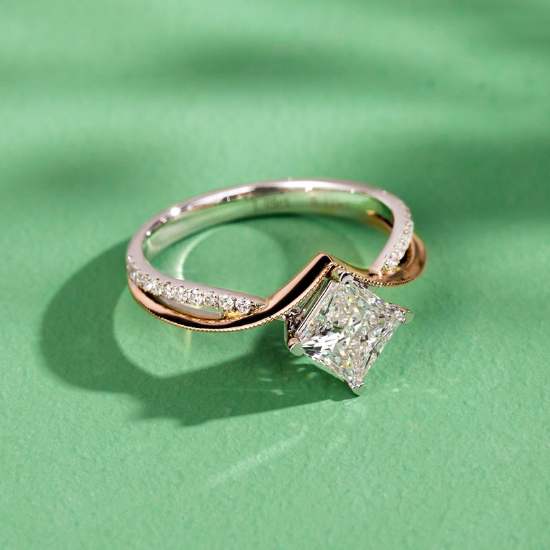 14K Gold Lab Grown Diamond 2CT Princess-Cut Cross Twist Two Tone Engagement Ring