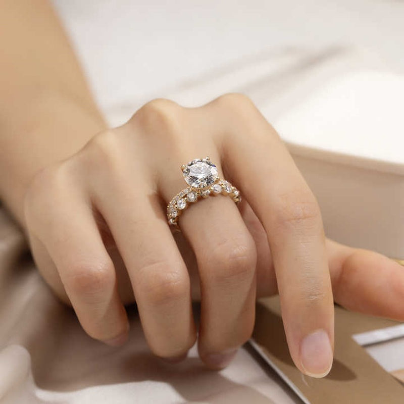 10K Gold Lab Grown Diamond CVD 1CT Round-Cut with Accent Stone Half Eternity Wedding Band Set