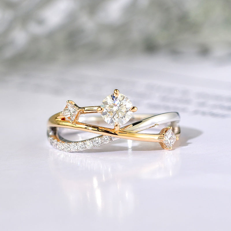 14K Gold Lab Grown Diamond CVD 1CT Round-Cut Elegant Two-Tone Bypass Design Engagement Ring