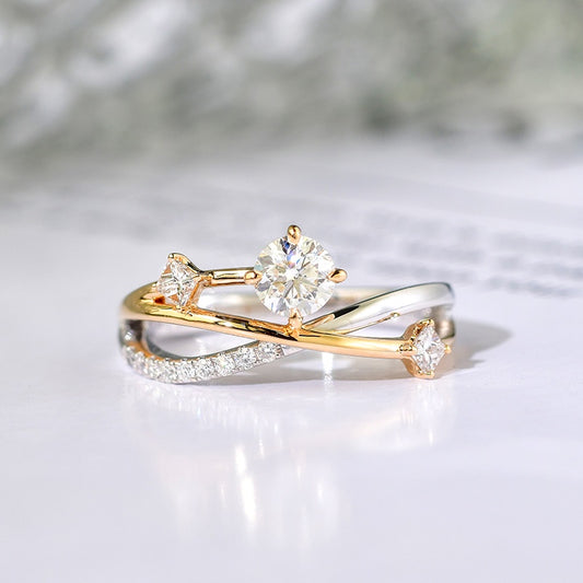 14K Gold Lab Grown Diamond CVD 1CT Round-Cut Elegant Two-Tone Bypass Design Engagement Ring