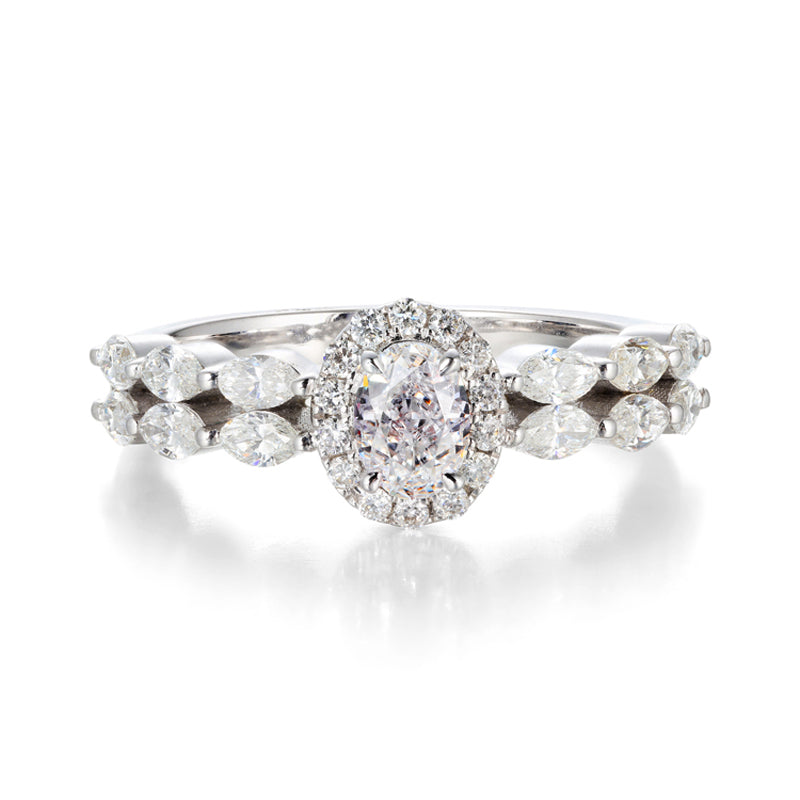 14K Gold Lab Grown Diamond CVD 1CT Oval-Cut Halo Marquise Band Engagement Ring