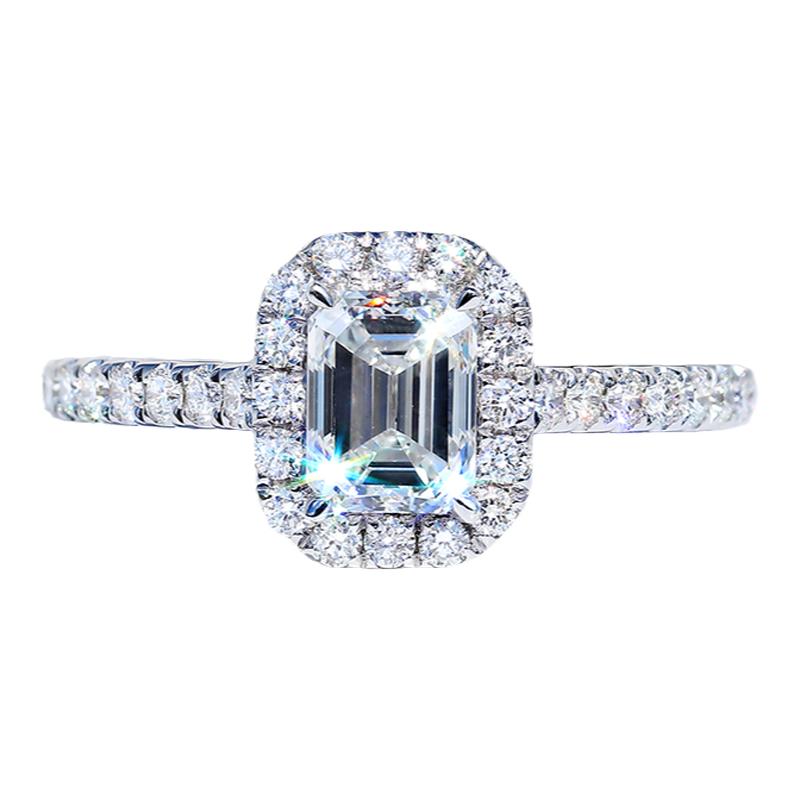 10K Gold Lab Grown Diamond CVD 1CT Emerald-Cut Halo Pave Engagement Ring