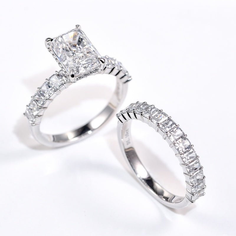 18k White Gold Lab Grown Diamond CVD 3CT Crushed Ice Radiant-Cut Ring Set
