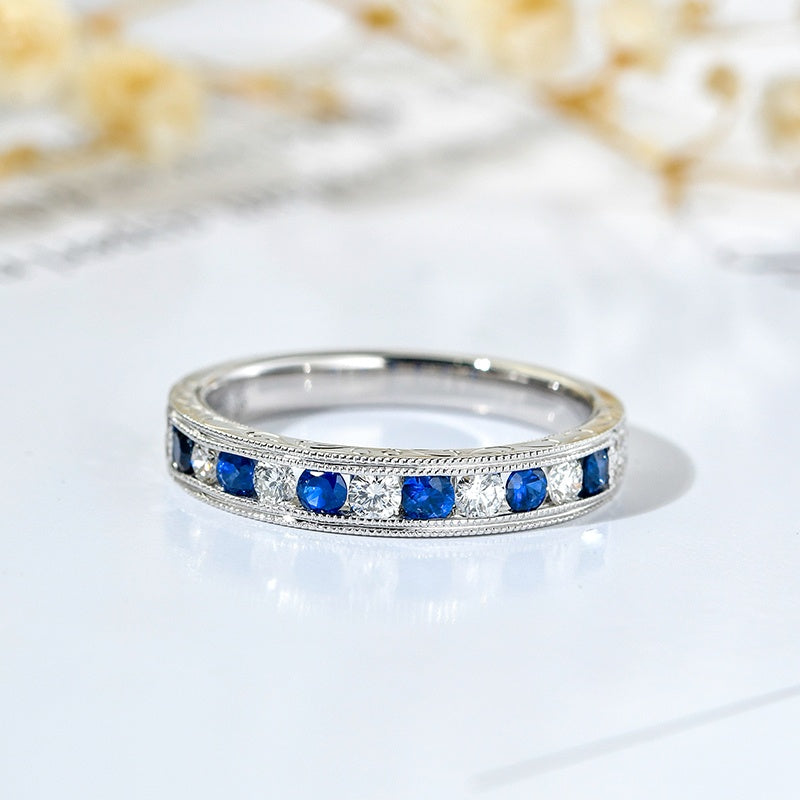14K Gold Lab Grown Diamond CVD 0.5CT Round-Cut Sapphire and CVD Alternating Milgrain Ring