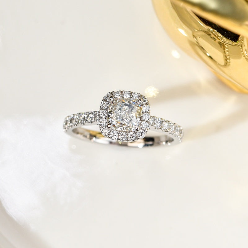 14K Gold Lab Grown Diamond CVD 1CT Cushion-Cut Halo Pave Engagement Ring
