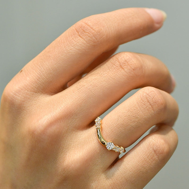 14K Gold Lab Grown Diamond CVD Elegant V-shaped Curved Round and Baguette-Cut Anniversary Ring
