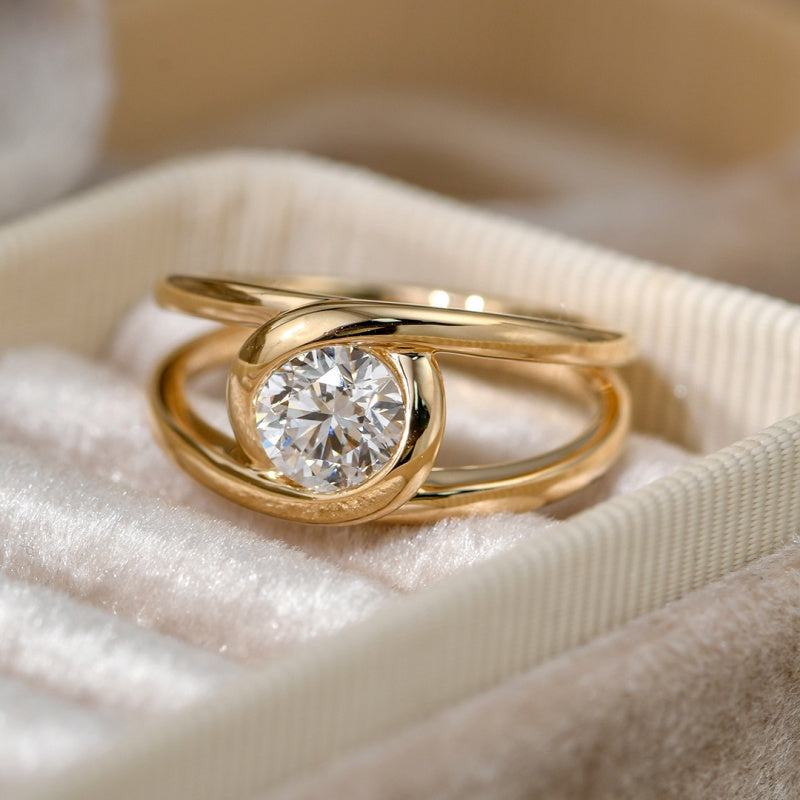 10K Gold Lab Grown Diamond CVD 1CT Round-Cut Bezel-Inspired Setting Open Double-Band Anniversary Gift