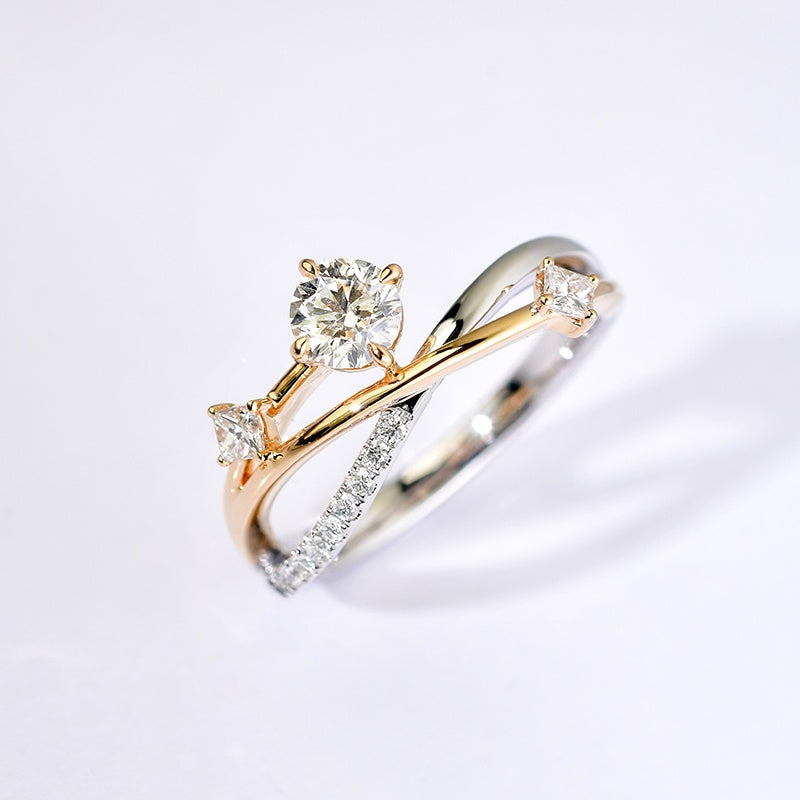 14K Gold Lab Grown Diamond CVD 1CT Round-Cut Elegant Two-Tone Bypass Design Engagement Ring