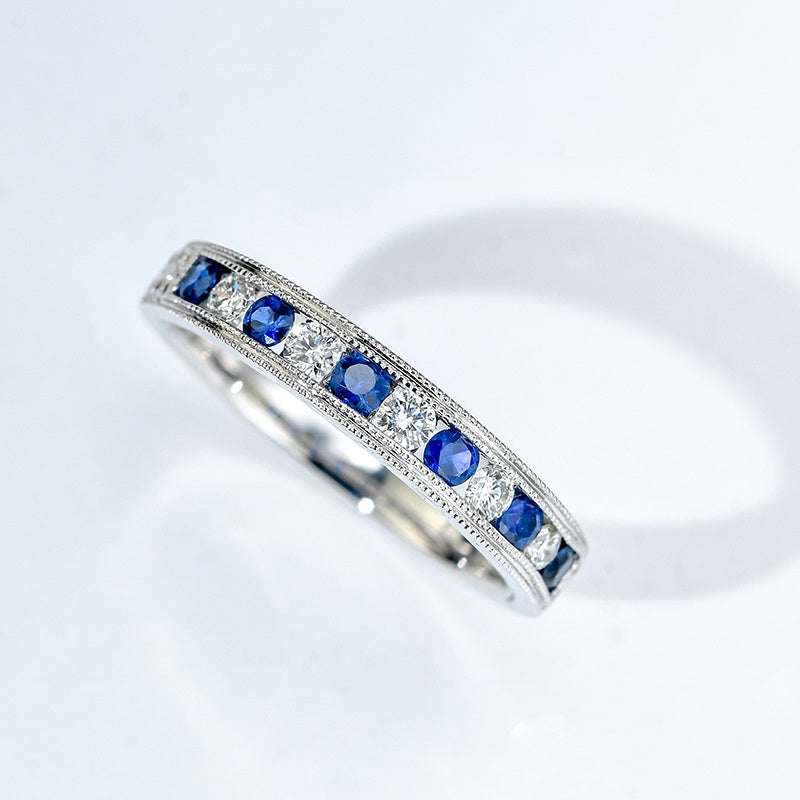14K Gold Lab Grown Diamond CVD 0.5CT Round-Cut Sapphire and CVD Alternating Milgrain Ring