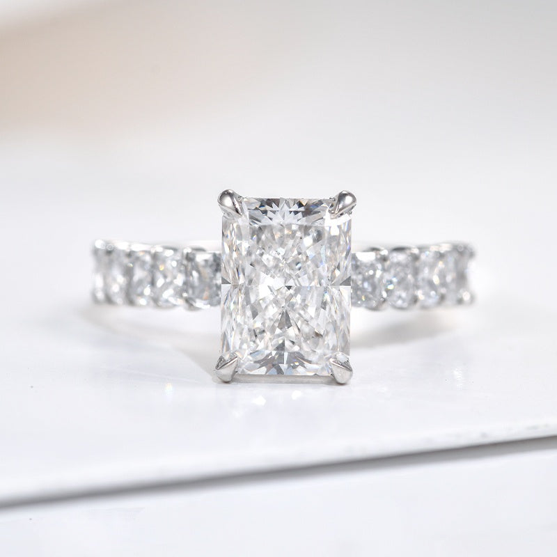 18k White Gold Lab Grown Diamond CVD 3CT Crushed Ice Radiant-Cut Ring Set