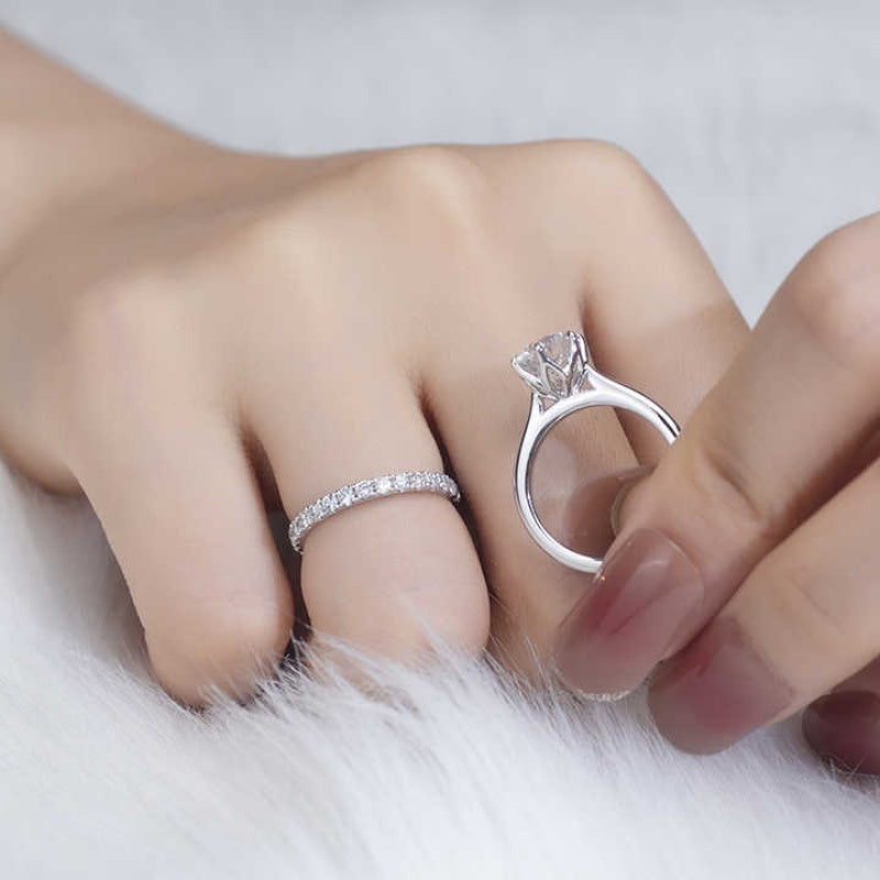 10K Gold Lab Grown Diamond CVD 2CT Round-Cut Eternity Band Engagement Ring Set