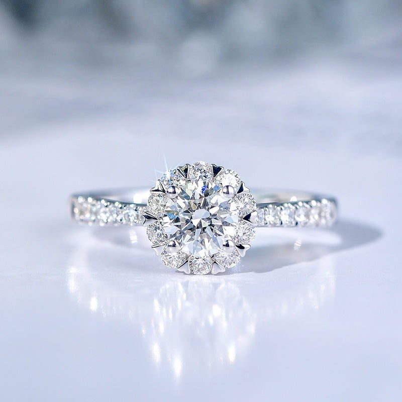 14K Gold Lab Grown Diamond CVD 2CT Round-Cut Sunflower Pave Engagement Ring