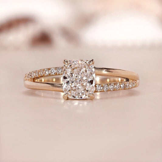 18k Gold Lab Grown Diamond CVD 1CT Cushion-Cut Double Band Engagement Ring