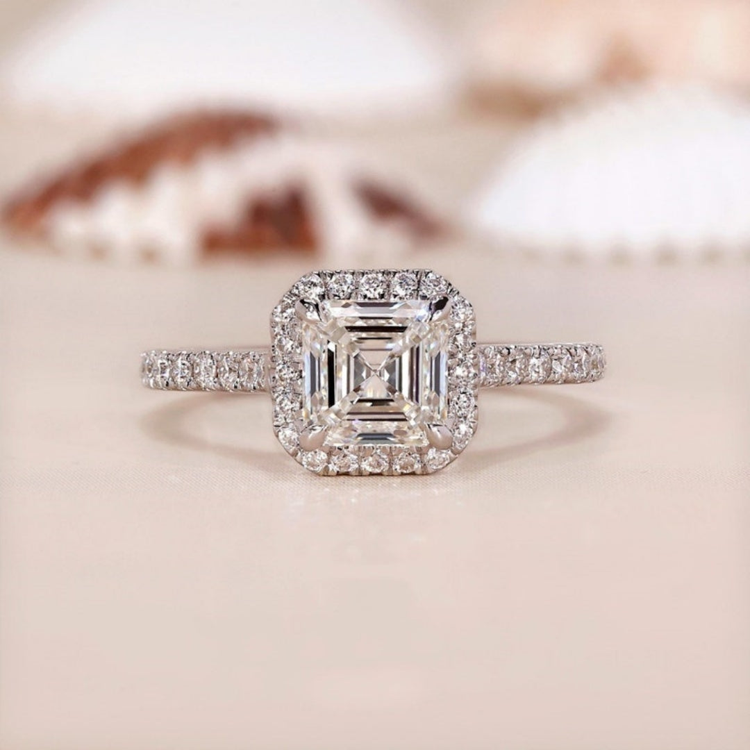 10K Gold Lab Grown Diamond CVD 2CT Asscher-Cut Halo Pave Band Engagement Ring