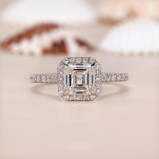 10K Gold Lab Grown Diamond CVD 2CT Asscher-Cut Halo Pave Band Engagement Ring
