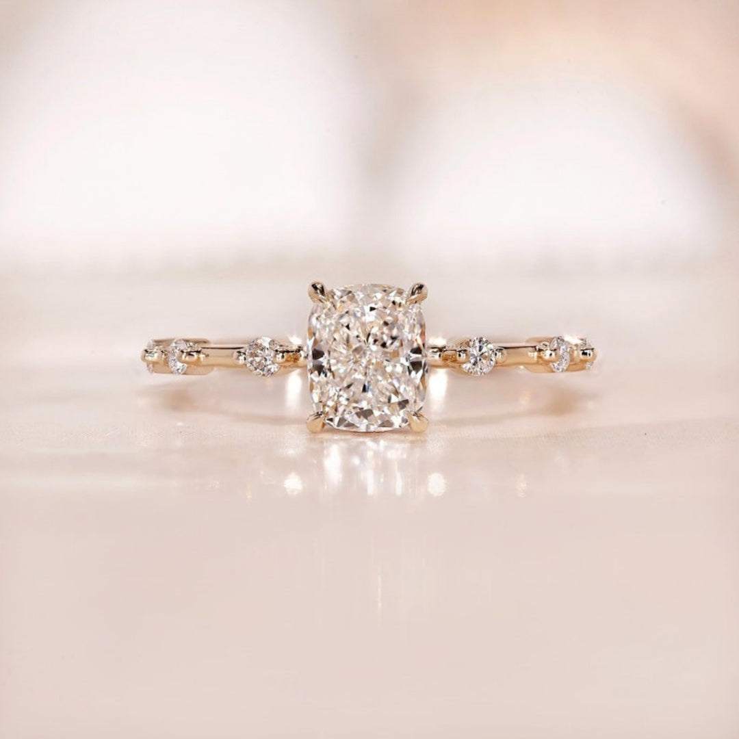 18K Gold Lab Grown Diamond CVD 1CT Cushion-Cut Pave Cathedral Setting Anniversary Ring