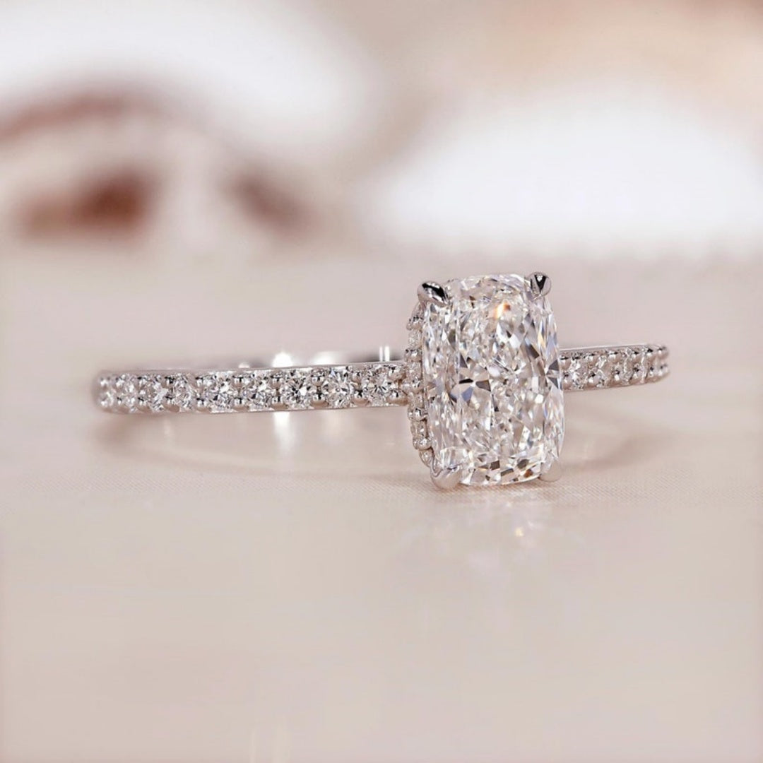 10K Gold Lab Grown Diamond CVD 1CT Cushion-Cut Hidden Halo Pave Wedding Ring